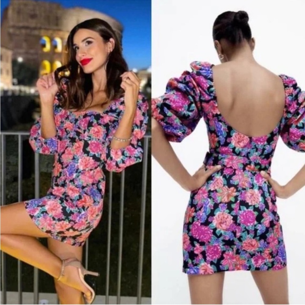 Zara Floral Puff Sleeve Mini Dress